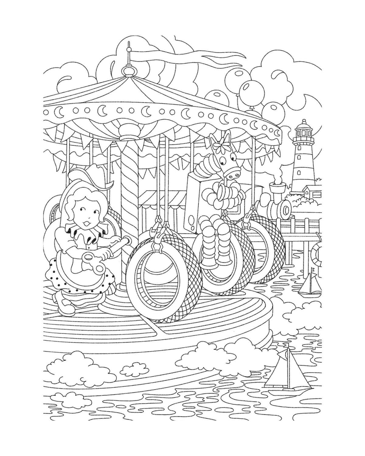 Coloring page: Shoekid and horse on a seaside carousel