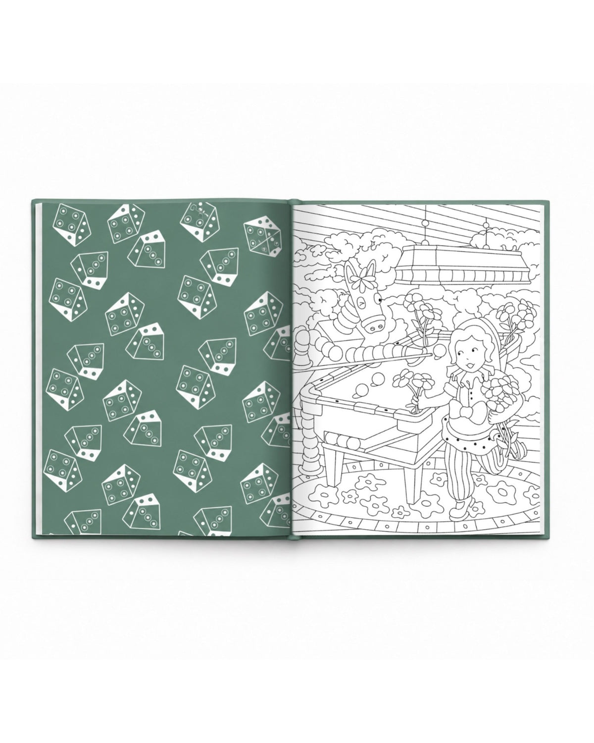 Open coloring book with a billiards scene page