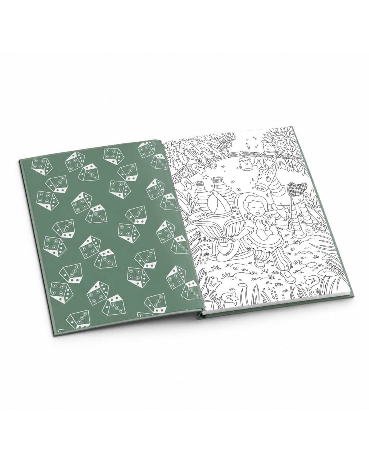 Open coloring book with a picnic scene page